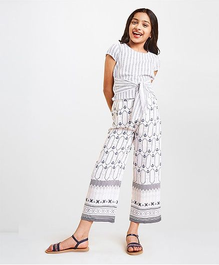 Global Desi Girl Printed Short Sleeves Top With Pants - White