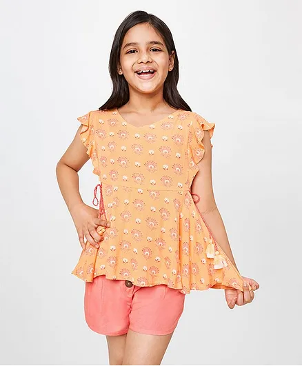 Global Desi Girl Cap Sleeves Motif Print Top - Peach