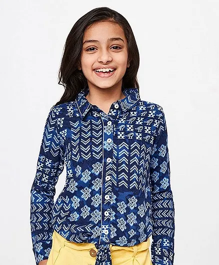 Global Desi Girl Full Sleeves Abstract Design Top - Blue