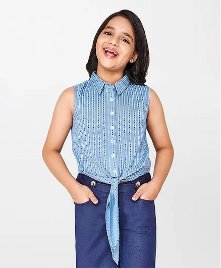 Global Desi Girl Printed Sleeveless Shirt Style Top - Blue