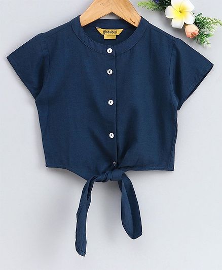 Global Desi Girl Half Sleeves Button Down Front Knot Top - Navy Blue