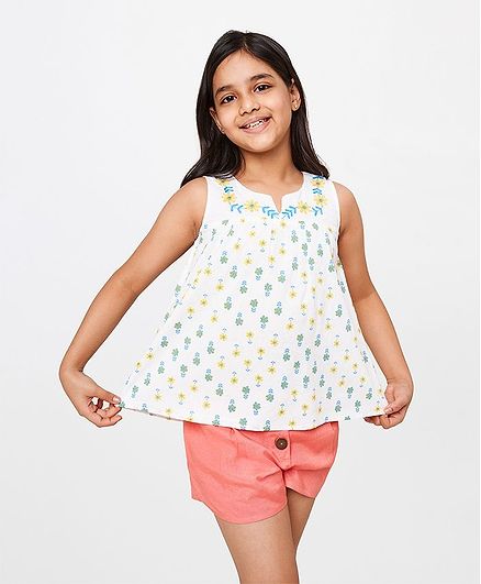 Global Desi Girl Sleeveless Floral Print Top - White
