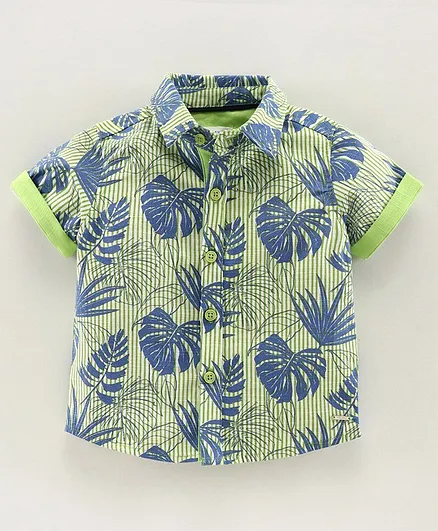 Babyoye Cotton Half Sleeves Stripe Shirt Leaves Print - Green
