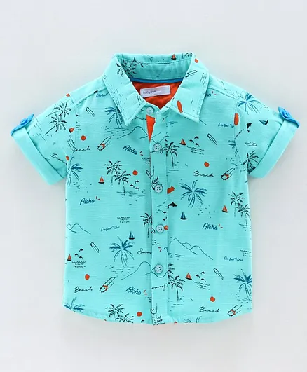 Babyoye Cotton Half Sleeves Printed Shirt - Teal Blue