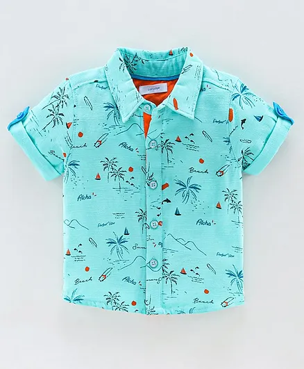 Babyoye Cotton Half Sleeves Printed Shirt - Teal Blue