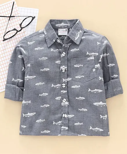 Snowflakes Full Sleeves Dino Print Shirt - Grey