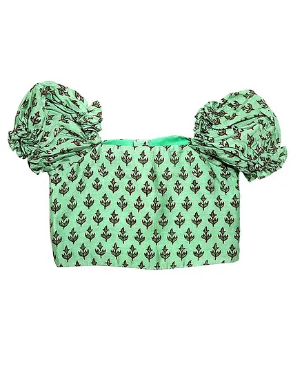 Mish Organic Short Puffed Sleeves Floral Print Top - Green