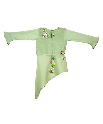 Mish Organic Full Sleeves Flower Applique Asymmetric Kurta - Light Green