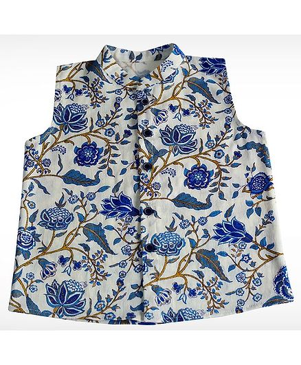 Mish Organic Sleeveless Floral Print Jacket - Blue & White