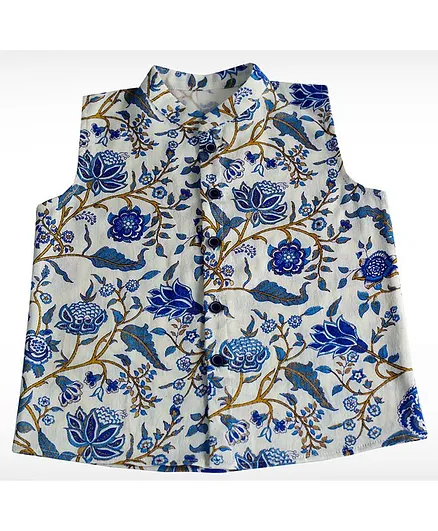 Mish Organic Sleeveless Floral Print Jacket - Blue & White