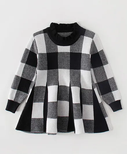 Kookie Kids Full Sleeves Checks Winter Frock - Black