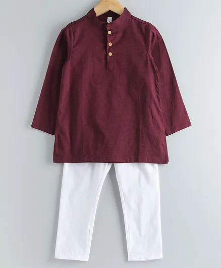 Kiddopanti Full Sleeves Solid Kurta With Pajama - Maroon