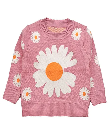 Kookie Kids Full Sleeves Pullover Sweater Flower Design - Pink