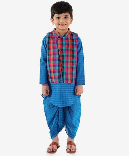 Lil Peacock Full Sleeves Kurta With Checked Jacket & Dhoti - Blue
