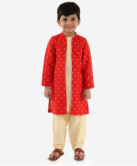 Lil Peacock Embroidered Full Sleeves Jacket With Kurta & Pajama Set - Red