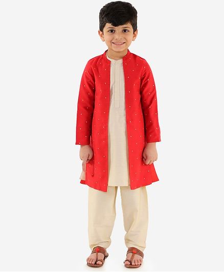 Lil Peacock Embroidered Full Sleeves Sherwani With Jacket & Pajama - Red