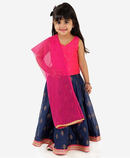 Lil Peacock Sleeveless Choli With Printed Lehenga & Dupatta Set - Navy