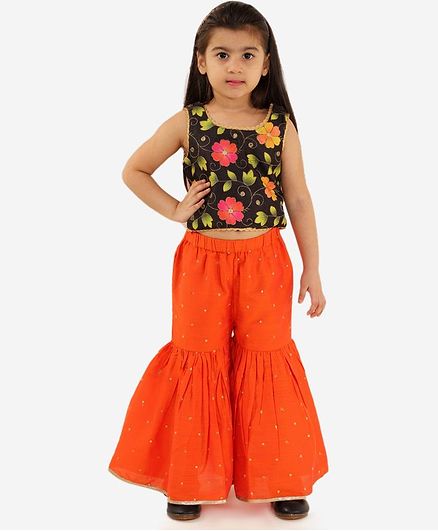 Lil Peacock Flower Print Sleeveless Top With Palazzo Set - Orange