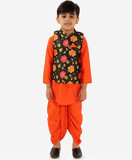 Lil Peacock Full Sleeves Kurta With Flower Print Jacket & Pajama Set - Orange