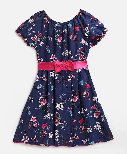 KIDSCRAFT Half Sleeves Floral Print Dress - Blue