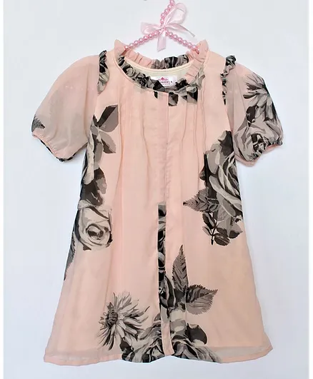 Many frocks & Short Sleeves Rose Print A Line Dress - Pink