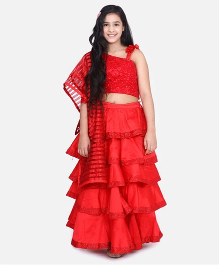 Whitehenz Clothing Three Fourth Sleeves Floral Work One Shoulder Choli With Layered Lehenga & Dupatta Set - Red