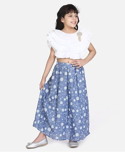 Whitehenz Clothing Short Sleeves Top & Flower Printed Skirt - White Blue