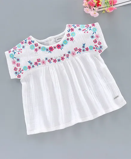 Babyoye Short Sleeves Top Floral Embroidery - White