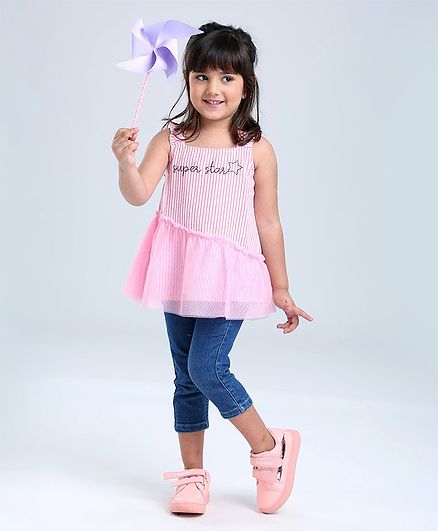 Babyoye Singlet Sleeves Knitted Frock Style Top Text Embroidery - Pink