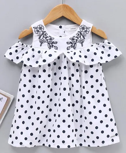 Babyoye Cotton Cold Shoulder Frock Floral Embroidery - White