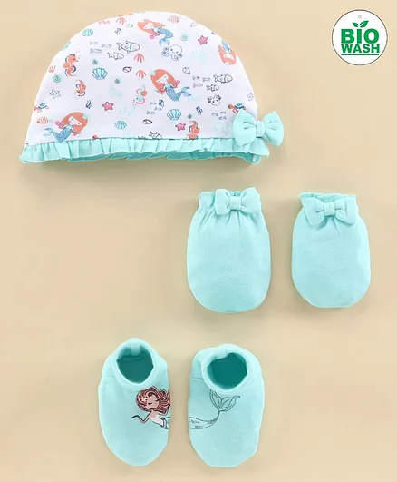 Babyoye Cotton Cap Mitten and Booties Set Mermaid Print Blue - Diameter 12.5 cm