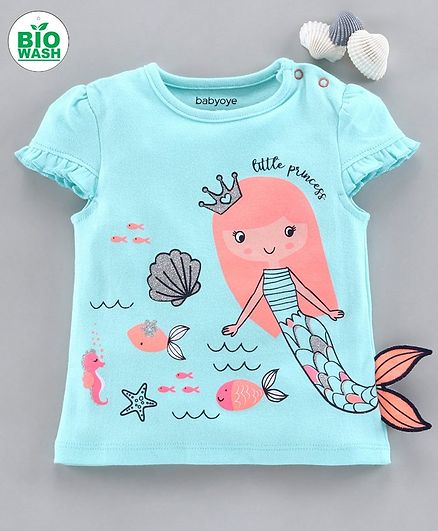 Babyoye Cap Sleeves Tee Mermaid Print - Blue