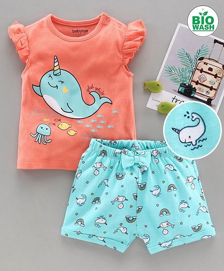 Babyoye Flutter Sleeves Top And Shorts Fish Print - Peach Light Blue