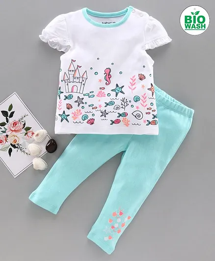 Babyoye Cotton Cap Sleeves Top & Legging Set Multi Print - White Blue