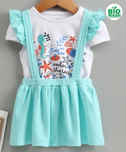 Babyoye Short Sleeves Printed Top & Skirt with Suspenders - Blue