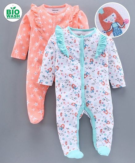 Babyoye Cotton Full Sleeves Footed Sleepsuits Pack of 2 - White Orange