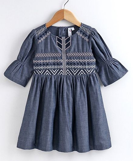 Little Carrot Three Fourth Sleeves Embroidery Detailing Dress - Blue