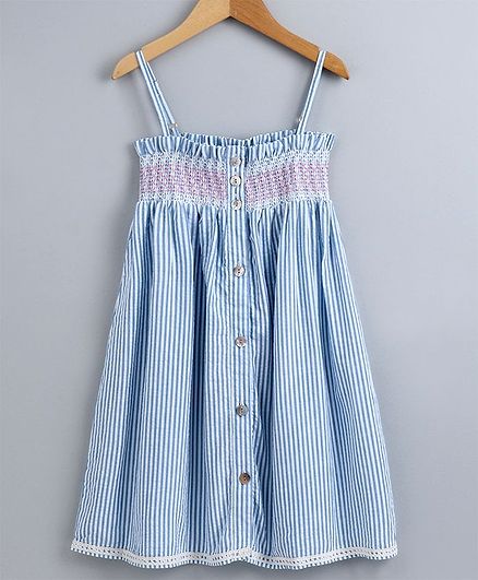 Little Carrot Sleeveless Smocking Striped Dress - Blue