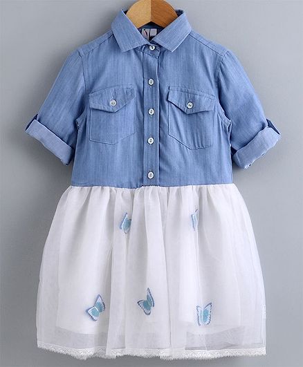 Little Carrot Roll Up Full Sleeves Butterfly Applique Dress - Blue