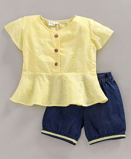 Little Carrot Cap Sleeves Schiffili Top Denim Shorts Set - Yellow & Blue