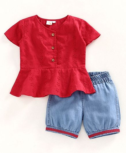 Little Carrot Cap Sleeves Schiffili Top Denim Shorts Set - Red & Blue