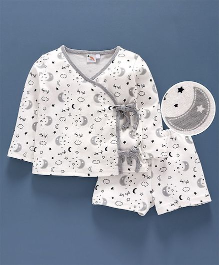 Little Carrot Ultrasoft Moon Print Full Sleeves Night Suit - White