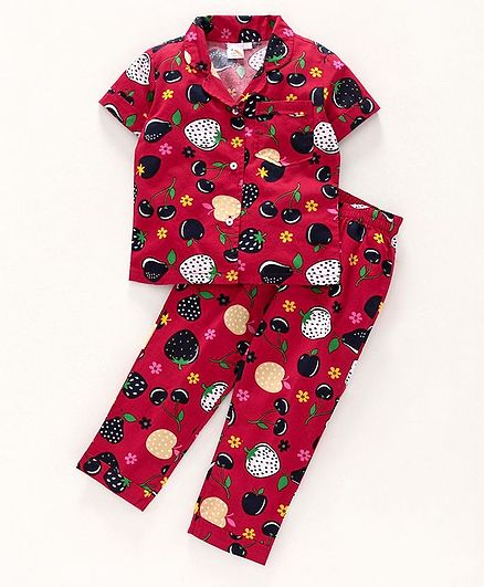 Little Carrot Half Sleeves Apple Printed Poplin Night Suit - Red