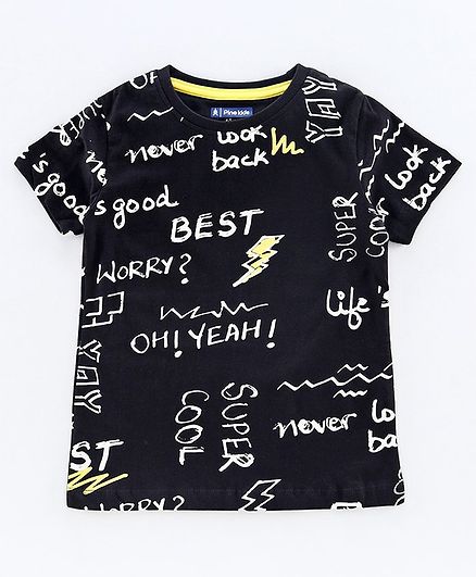Pine Kids Organic Biowashed Half Sleeves T-Shirt Text Print - Black