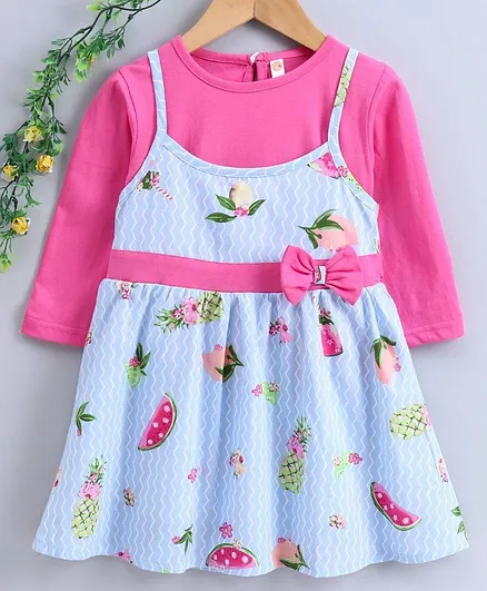 Dew Drops Knee Length Frock With Inner T-Shirt Floral Print - Aqua Blue Pink
