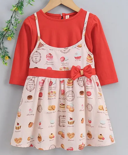 Dew Drops Frock with Full Sleeves Inner Tee Cake Print - Orange