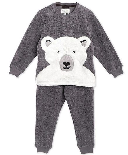 Cherry Crumble By Nitt Hyman Full Sleeves Bear Patch Detailing Night Suit With Sleeping Mask - Grey