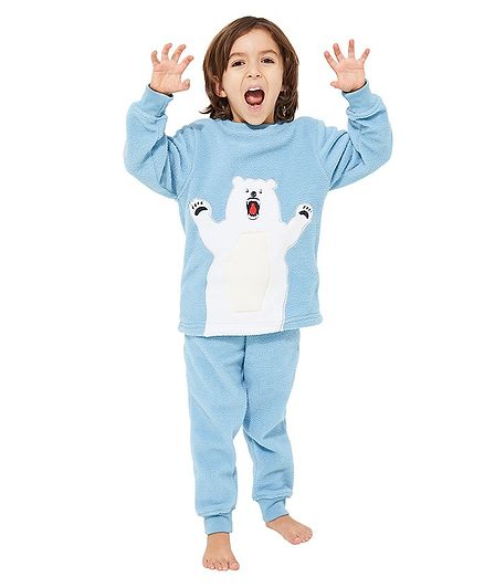 Cherry Crumble By Nitt Hyman Full Sleeves Polar Bear Patch Detailing Night Suit With Sleeping Mask - Sky Blue
