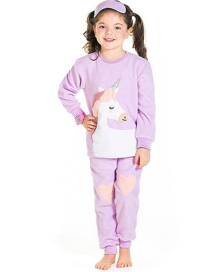 Cherry Crumble By Nitt Hyman Full Sleeves Unicorn Patch Detailing Night Suit With Sleeping Mask - Purple