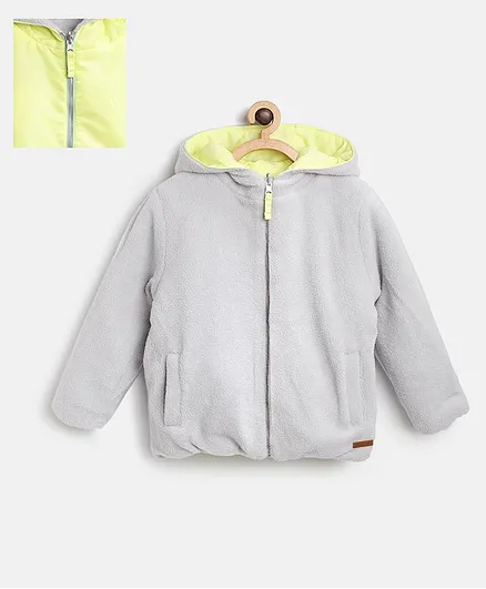 Cherry Crumble By Nitt Hyman Full Sleeves Solid Colour Hooded Reversible Jacket - Yellow & Grey